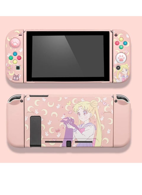 Cute Protective Case for Switch OLED (2021), Sailor Moon Case Screen Protector with 2PC Cat Claw Thumb Grips Caps Silicone Soft Cover Shockproof Pink Skin Shell Anti-Scratch Case for Joy Con
