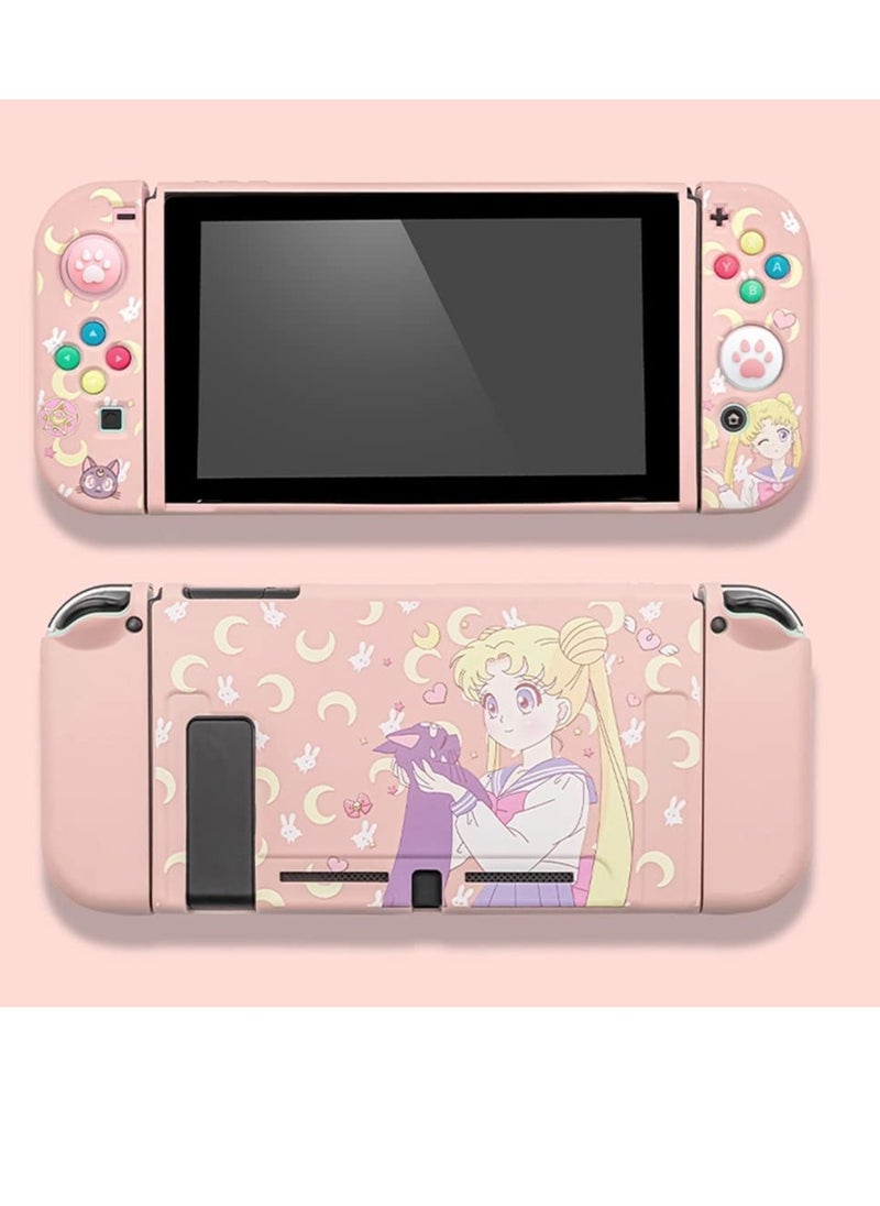 KASTWAVE Cute Protective Case for Switch OLED (2021), Sailor Moon Case Screen Protector with 2PC Cat Claw Thumb Grips Caps Silicone Soft Cover Shockproof Pink Skin Shell Anti-Scratch Case for Joy Con  - Image 1