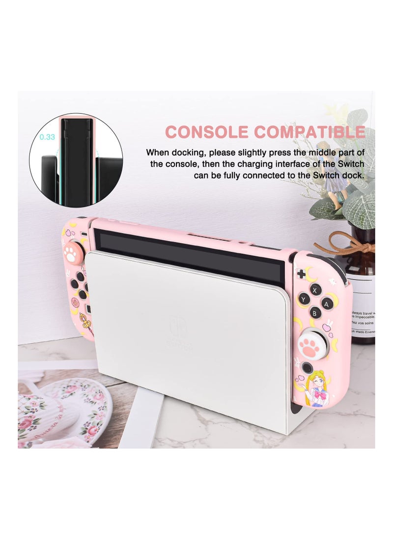 KASTWAVE Cute Protective Case for Switch OLED (2021), Sailor Moon Case Screen Protector with 2PC Cat Claw Thumb Grips Caps Silicone Soft Cover Shockproof Pink Skin Shell Anti-Scratch Case for Joy Con  - Image 4
