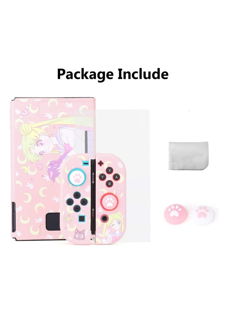 KASTWAVE - Cute Protective Case for Switch OLED (2021), Sailor Moon Case Screen Protector with 2PC Cat Claw Thumb Grips Caps Silicone Soft Cover Shockproof Pink Skin Shell Anti-Scratch Case for Joy Con - Image 1