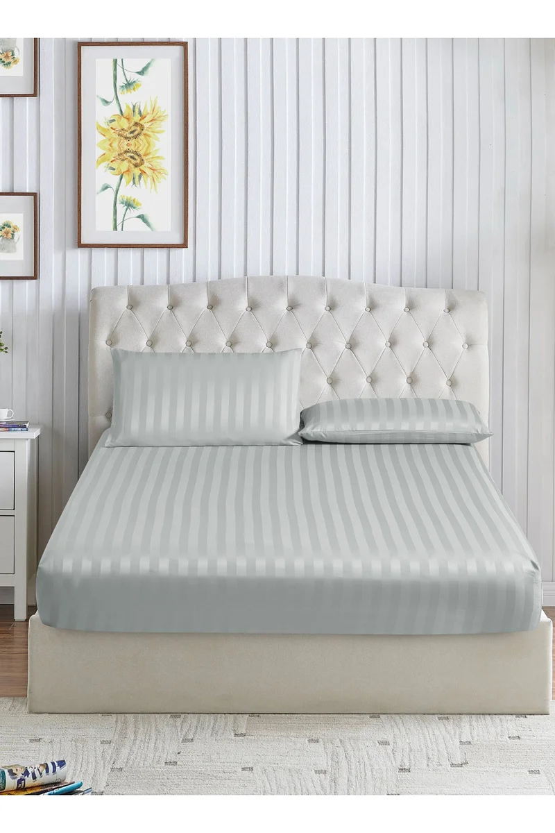 Donetella 3-Piece Striped Bedding Set – Queen Fitted Sheet 150x200+30 cm with All-Around Elastic &amp; 2 Matching Pillowcases