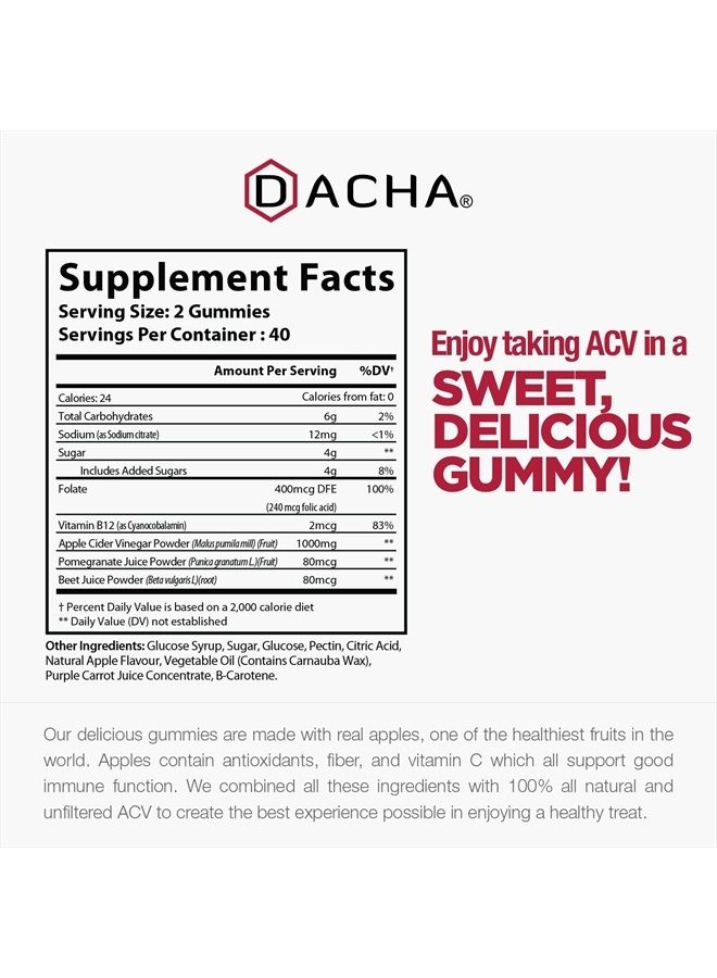 DACHA Premium Apple Cider Vinegar Gummies – 80 Count, 1000mg Raw, Organic, Unfiltered ACV from The Mother, Not Sticky, Immune, Detox, Fitness & Acid Reflux Heartburn Pomegranate Beet Root Vitamin B9 B12 - Image 3