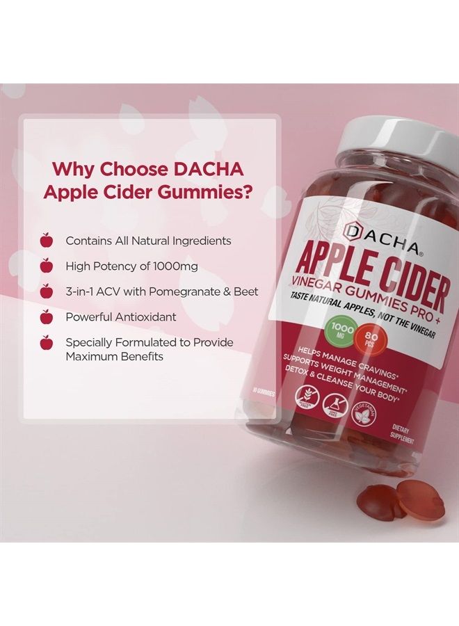 DACHA Premium Apple Cider Vinegar Gummies – 80 Count, 1000mg Raw, Organic, Unfiltered ACV from The Mother, Not Sticky, Immune, Detox, Fitness & Acid Reflux Heartburn Pomegranate Beet Root Vitamin B9 B12 - Image 2