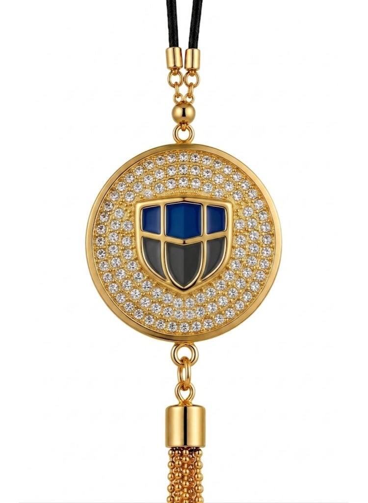 A stylish car pendant featuring a gold metal Geely logo and a touch of luxurious crystal.