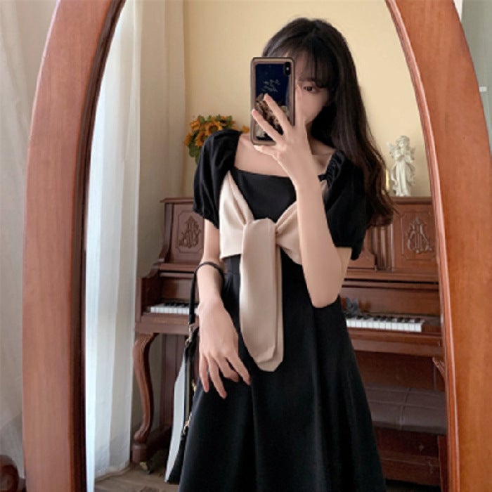 2023 New Black Dress for Women French Square Neck Elegant Summer New Elegant Bow Slimming Over-the-Knee Long Dress Black 