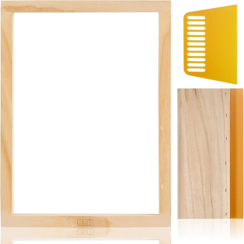 Caydo إطار طباعة الشاشة مع مكشطة طباعة الشاشة لتي شيرتات، حقائب الظهر، حقائب اليد للطباعة اليدوية، 10 × 14 بوصة إطار خشبي بشاشة حريرية مع شبكة بيضاء 110 - Image 1