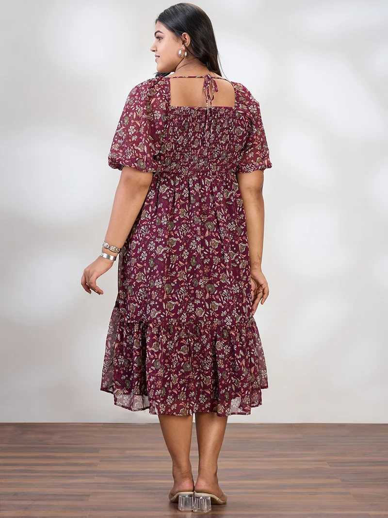 globus Gloplus Women Maroon Square Neck Raglan Sleeves Floral Print Smocked Tiered Plus Size Fit & Flare Midi Dress