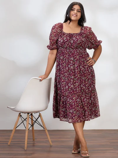 globus Gloplus Women Maroon Square Neck Raglan Sleeves Floral Print Smocked Tiered Plus Size Fit & Flare Midi Dress