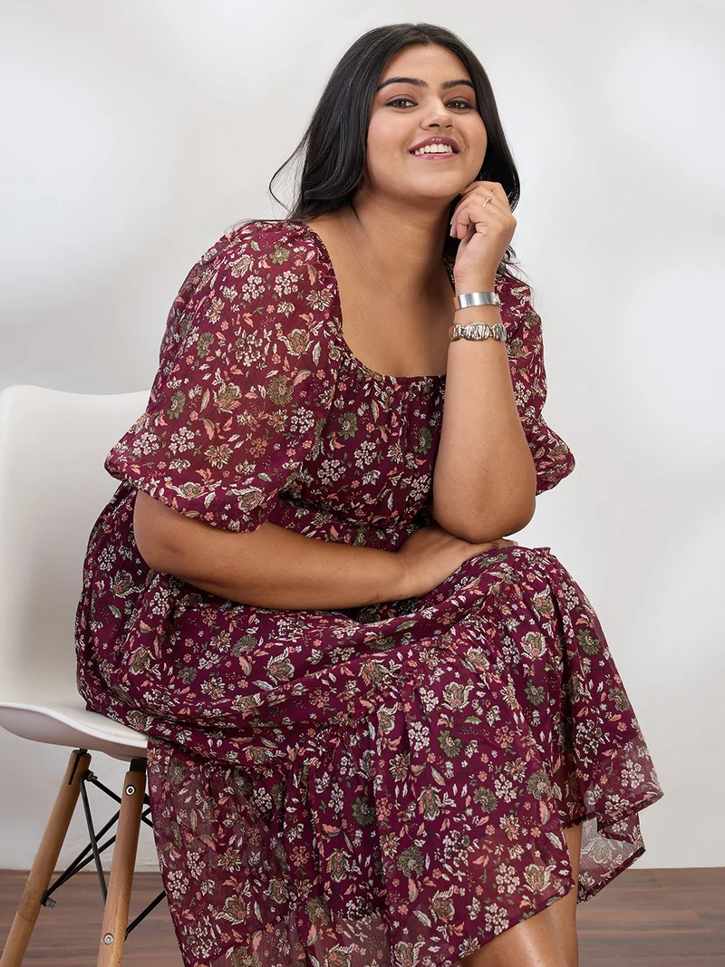 globus Gloplus Women Maroon Square Neck Raglan Sleeves Floral Print Smocked Tiered Plus Size Fit & Flare Midi Dress