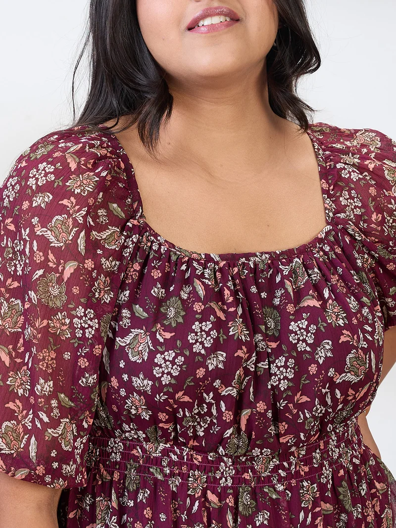 globus Gloplus Women Maroon Square Neck Raglan Sleeves Floral Print Smocked Tiered Plus Size Fit & Flare Midi Dress