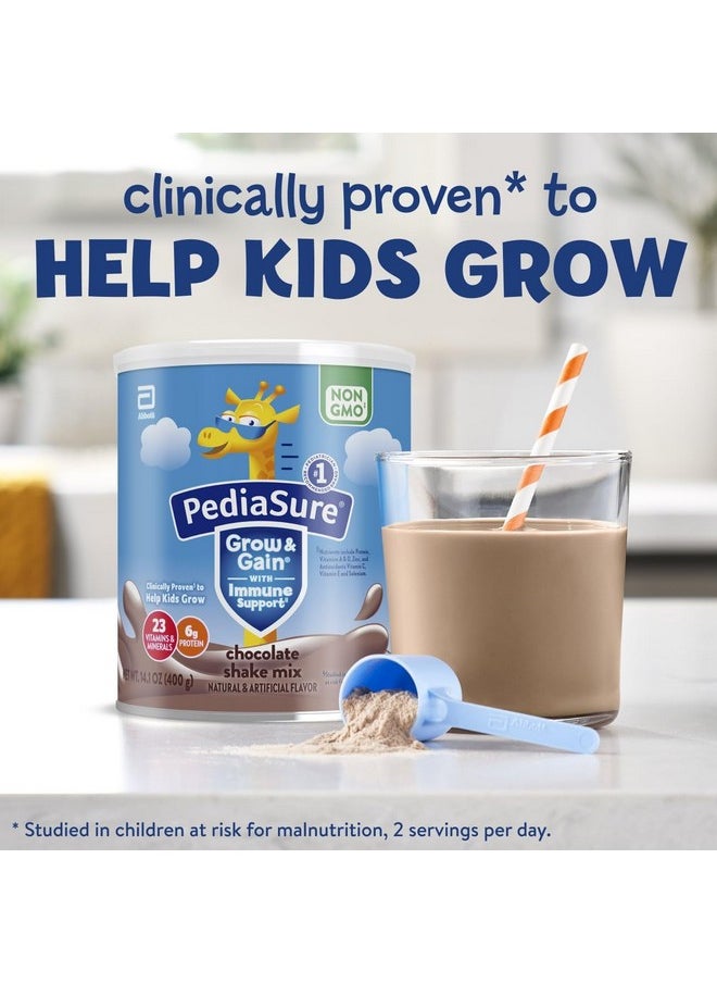 بدياشور - مسحوق مزيج شيك PediaSure Grow & Gain With Immune Support Shake، 23 فيتامين ومعادن، 6 جرام بروتين، يساعد الأطفال على اللحاق بالنمو، خالٍ من الكائنات المعدلة وراثيًا، خالٍ من الجلوتين، شوكولاتة، علبة 14.1 أونصة، عبوة من 6 - 48 وجبة - Image 1