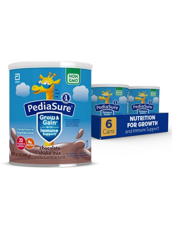 بدياشور - مسحوق مزيج شيك PediaSure Grow & Gain With Immune Support Shake، 23 فيتامين ومعادن، 6 جرام بروتين، يساعد الأطفال على اللحاق بالنمو، خالٍ من الكائنات المعدلة وراثيًا، خالٍ من الجلوتين، شوكولاتة، علبة 14.1 أونصة، عبوة من 6 - 48 وجبة - Image 1