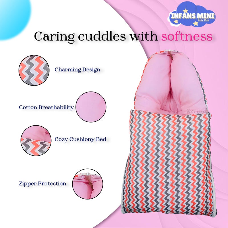 Infans Mini Zigzag Mini 3 in 1 Baby's Cotton Bed Cum Carry Bed Printed Baby Sleeping Bag-Baby Bed-Infant Portable for Unisex Easily Portable, Light Weight Carry for New Born 0-4 Months Old(Pink) - Image 4