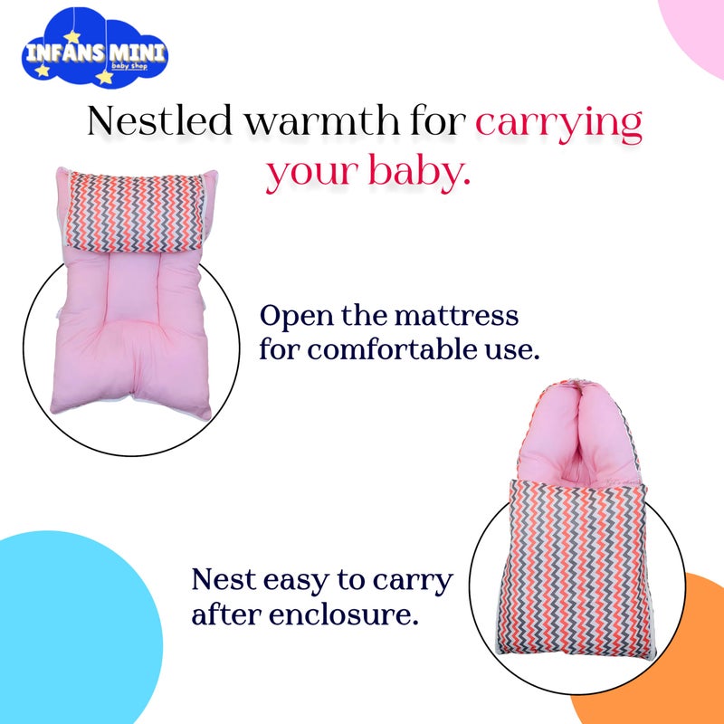 Infans Mini Zigzag Mini 3 in 1 Baby's Cotton Bed Cum Carry Bed Printed Baby Sleeping Bag-Baby Bed-Infant Portable for Unisex Easily Portable, Light Weight Carry for New Born 0-4 Months Old(Pink) - Image 3