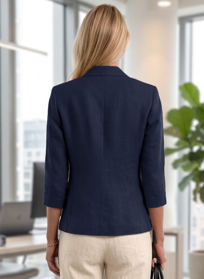 Mina Self 2025 Women's Summer Linen Blazer 3/4 Sleeve Lightweight Fully-Lined Slim Elegant Casual Work Jacket with Pockets, Dark/Blue, S - Image 4