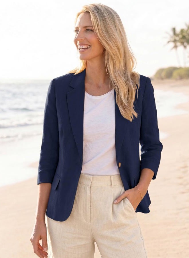 Mina Self 2025 Women's Summer Linen Blazer 3/4 Sleeve Lightweight Fully-Lined Slim Elegant Casual Work Jacket with Pockets, Dark/Blue, S - Image 3