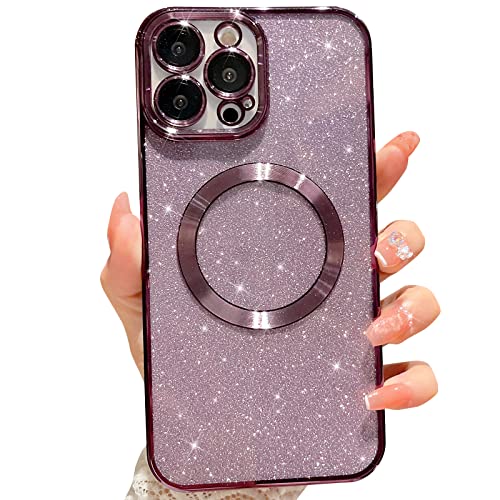 MGQILING Compatible with iPhone 13 Pro Max Magnetic Glitter Case, Luxury Plating Cute Bling Clear Phone Case, Compatible with MagSafe for Women Girls with Camera Protector Back Cover - Purple - Image 1