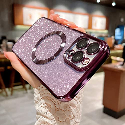 MGQILING Compatible with iPhone 13 Pro Max Magnetic Glitter Case, Luxury Plating Cute Bling Clear Phone Case, Compatible with MagSafe for Women Girls with Camera Protector Back Cover - Purple - Image 5