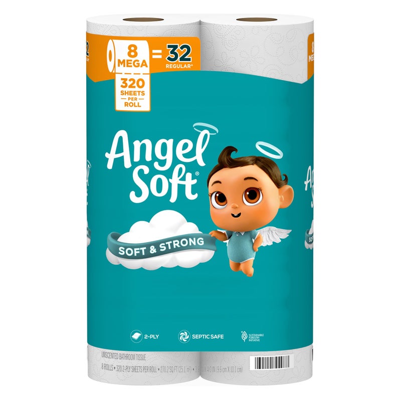 Angel Soft Toilet Paper, 8 Mega Rolls = 32 Regular Rolls, Soft and Strong Toilet Tissue - Image 1