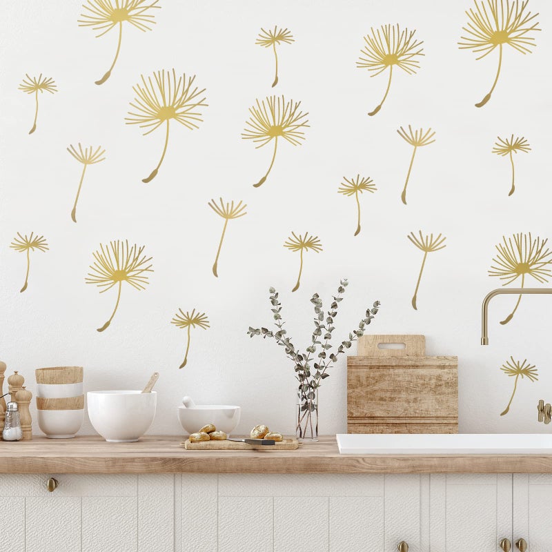 66 Pcs Wall Decals Peel and Stick Dandelion Wall Stickers Metallic Flower Murals Floral Decor Sticker for Bedroom Bathroom Living Room Nursery Office DecorGold6 Pcs