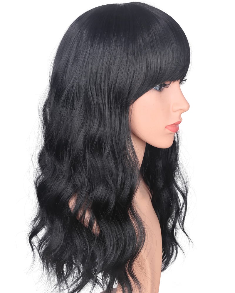 SYMEIW Medium Long Black Wavy Wigs For Women Synthetic Full Hair Natural Black Wigs With Side Bangs For Daily Use 16 Inches (NATURAL BLACK(1#)) - Image 5