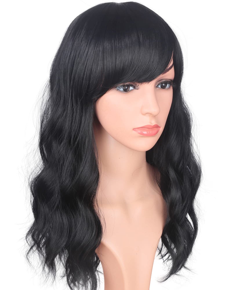 SYMEIW Medium Long Black Wavy Wigs For Women Synthetic Full Hair Natural Black Wigs With Side Bangs For Daily Use 16 Inches (NATURAL BLACK(1#)) - Image 4