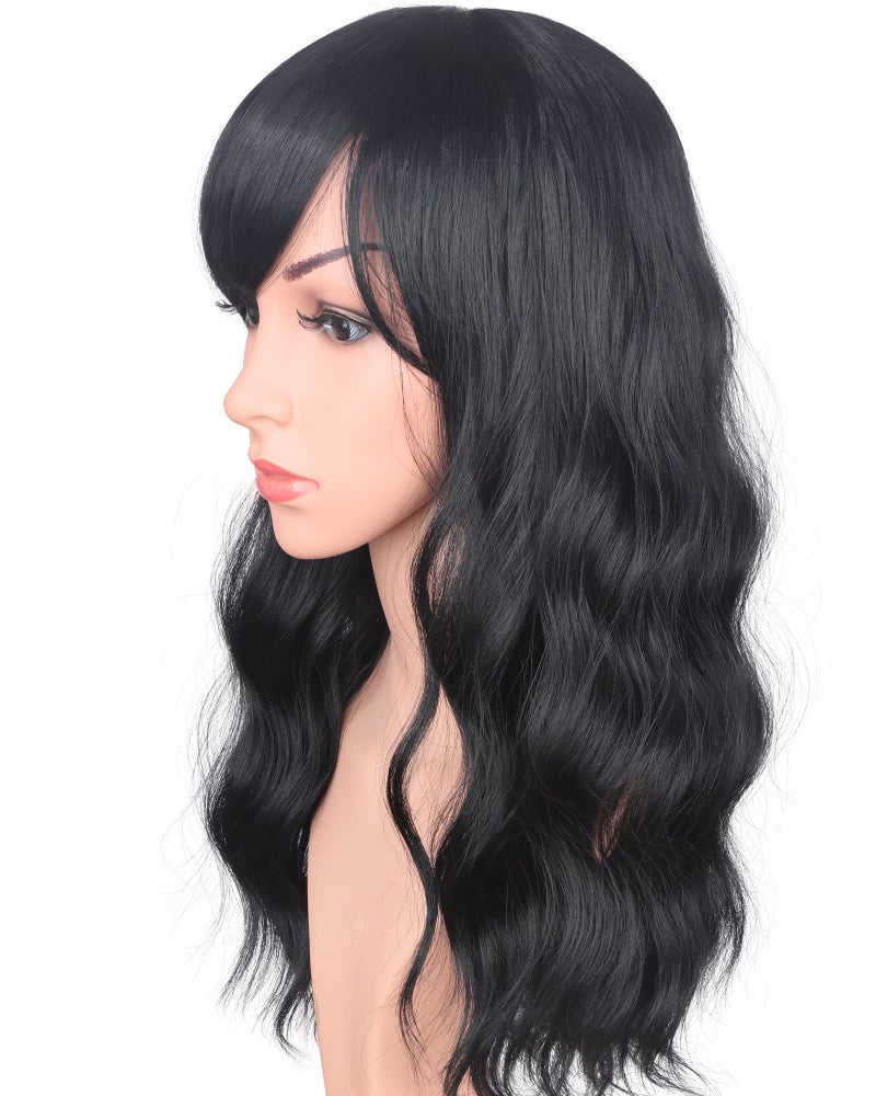 SYMEIW Medium Long Black Wavy Wigs For Women Synthetic Full Hair Natural Black Wigs With Side Bangs For Daily Use 16 Inches (NATURAL BLACK(1#)) - Image 3