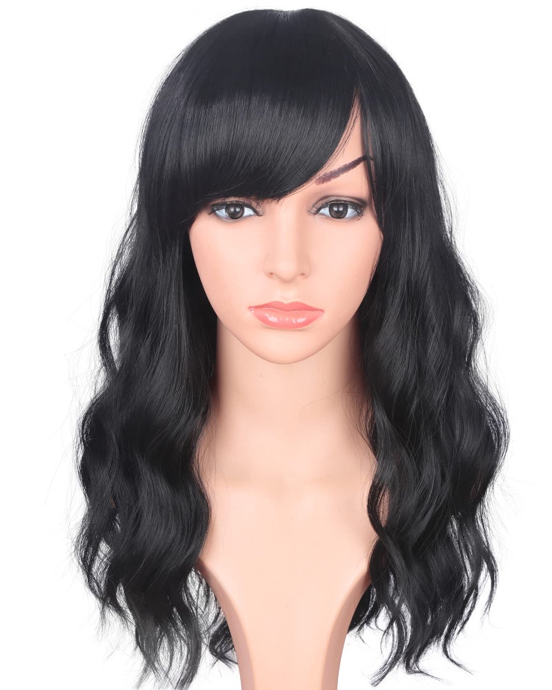 SYMEIW Medium Long Black Wavy Wigs For Women Synthetic Full Hair Natural Black Wigs With Side Bangs For Daily Use 16 Inches (NATURAL BLACK(1#)) - Image 1