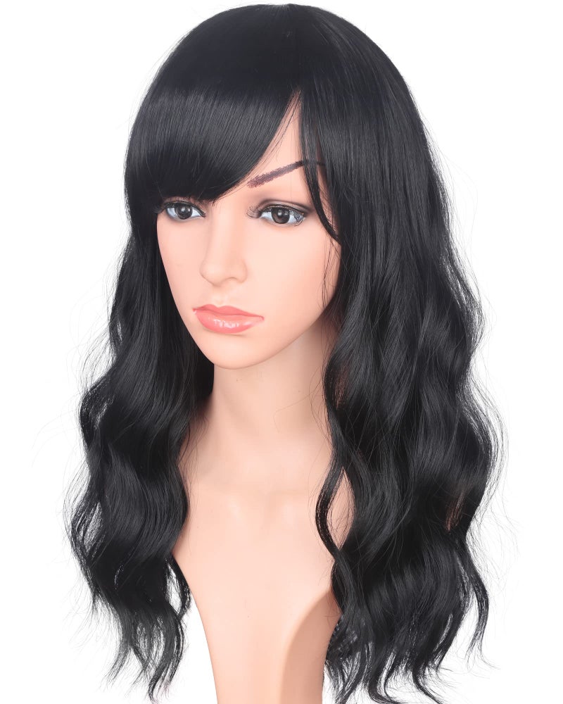 SYMEIW Medium Long Black Wavy Wigs For Women Synthetic Full Hair Natural Black Wigs With Side Bangs For Daily Use 16 Inches (NATURAL BLACK(1#)) - Image 2