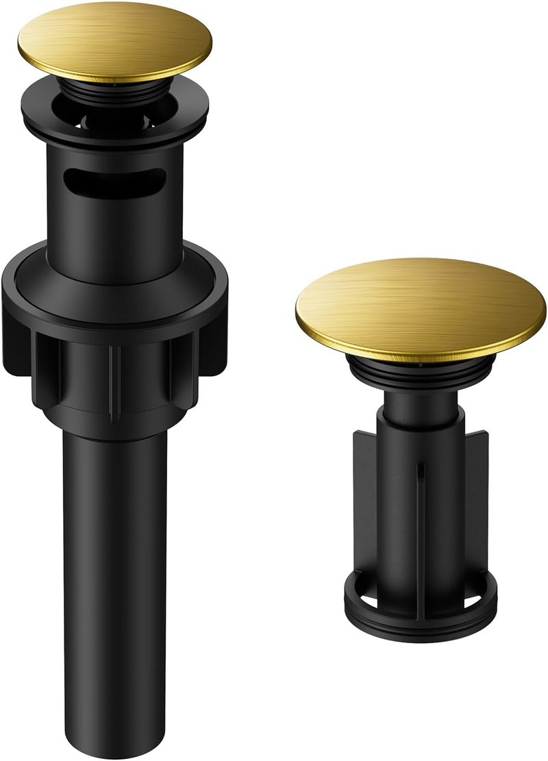 Hurran Bathroom Sink Drain with Overflow, Bathroom Sink Stopper for Bathroom Vanity Vessel Sink, Rapid Draining Plastic Pop-up Sink Drain with Hair Catcher Anti-Clog Strainer, Brushed Gold - Image 1