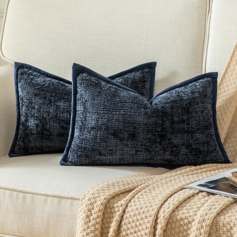 Yaertun Pack of 2 Chenille Textured Decorative Throw Pillow Covers Accent Solid Cushion Cover Soft Cozy Pillow Case with Velvet Back for Couch Sofa Bed Living Room 12x20 Inch Dark Blue - Image 1
