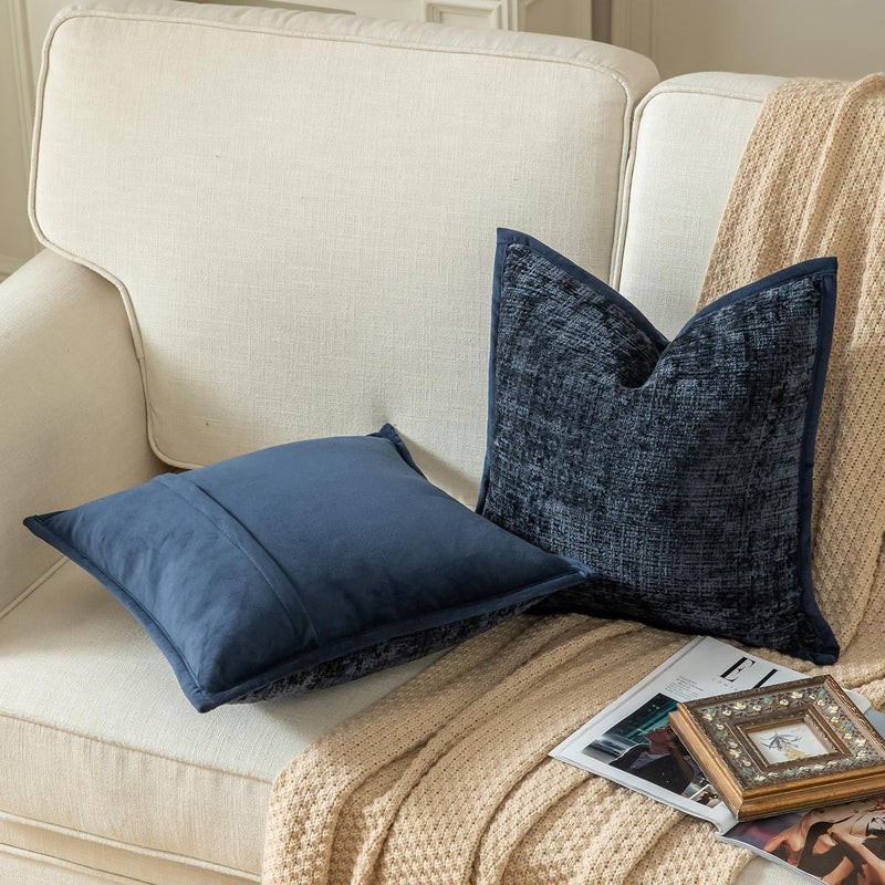 Yaertun Pack of 2 Chenille Textured Decorative Throw Pillow Covers Accent Solid Cushion Cover Soft Cozy Pillow Case with Velvet Back for Couch Sofa Bed Living Room 12x20 Inch Dark Blue - Image 2