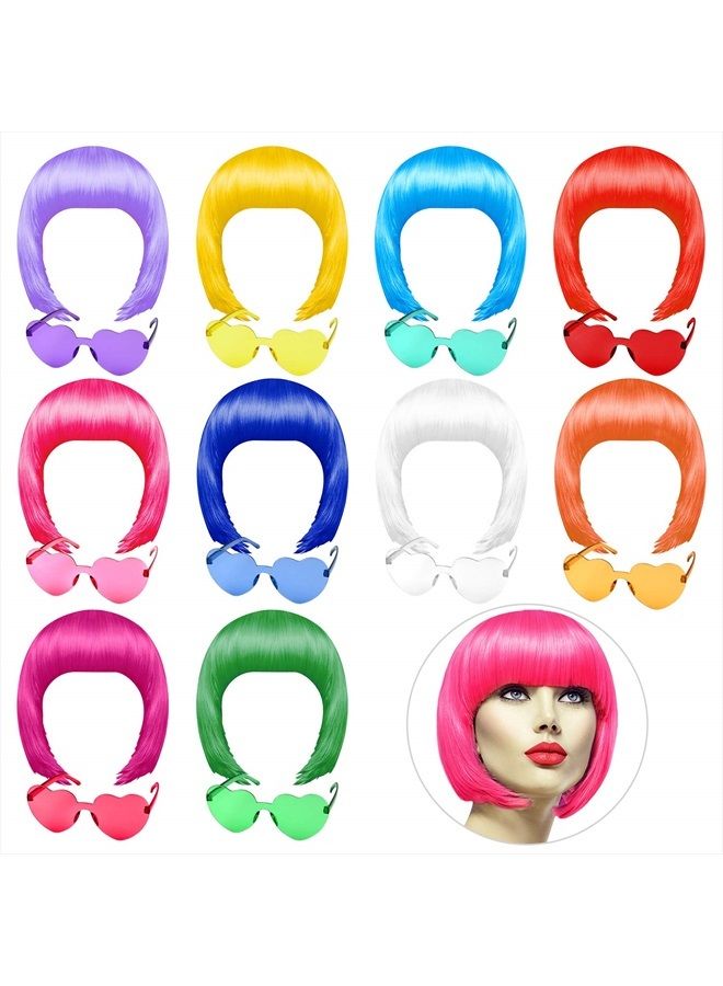 PLULON 10 Pieces Party Wigs and 10 Pieces Wig Caps Set, Neon Short Bob Wig Pack Costume Colorful Cosplay Wig Daily Party Hairpieces for Bachelorette Neon Party Favors, Halloween Decorations - Image 1