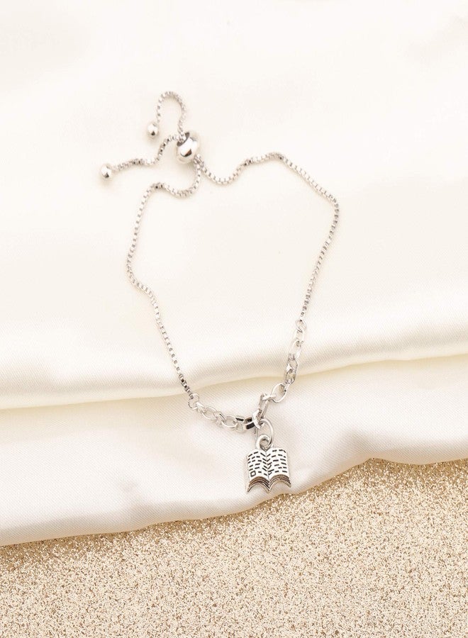QIIER Book Lover Pendant Slider Bracelet Reading Jewelry Bookworm Librarian Gift (Silver) - Image 4