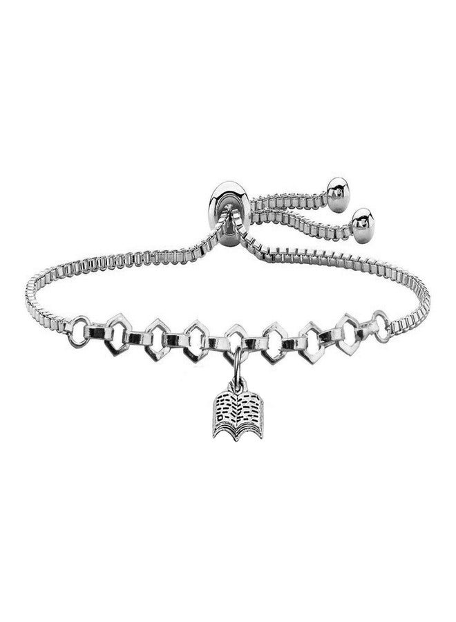 QIIER Book Lover Pendant Slider Bracelet Reading Jewelry Bookworm Librarian Gift (Silver) - Image 1