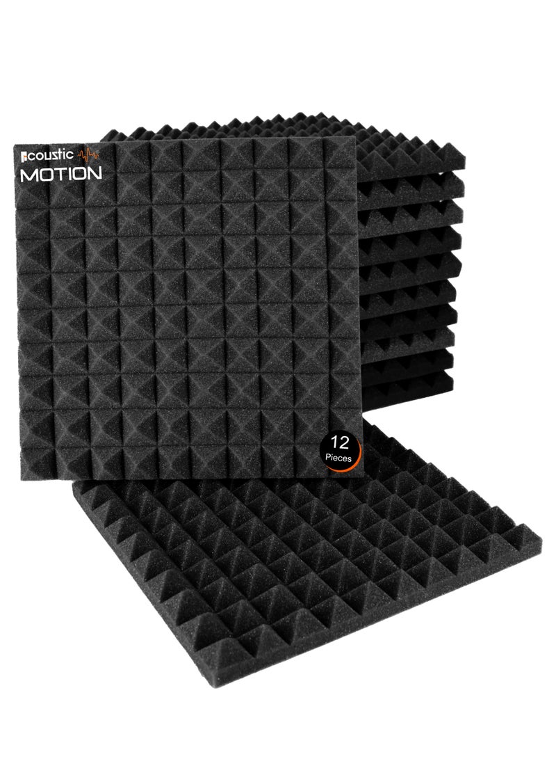 Acoustic Motion Acoustic Foam Panels-Sound Proof PYRAMIDS Panel With Self-Adhesive Set Of 12 3X30X30Cm Dark Grey Stylish Acoustic Panels Basic For studio,recording,home,office,Acoustic Room Treatment - Image 1