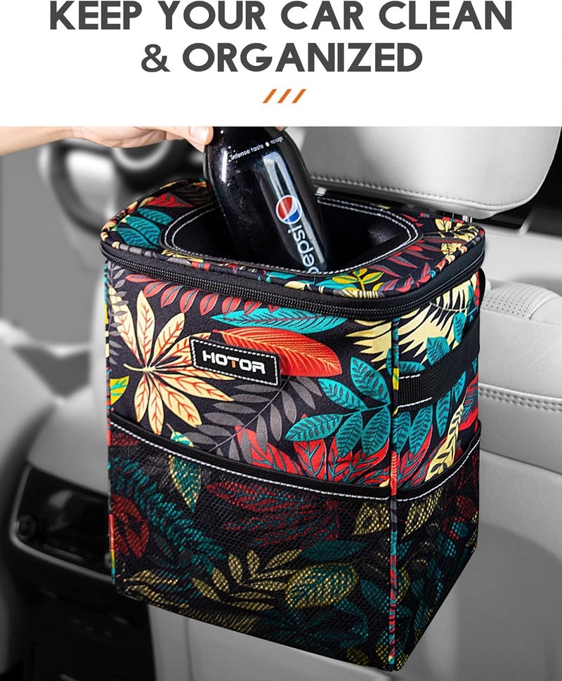HOTOR Car Trash Can with Lid and Storage Pockets - 100% Leak-Proof Organizer, Waterproof Garbage Can, Multipurpose Trash Bin for Car, 2 Gallons, Autumn Leaves - Image 2