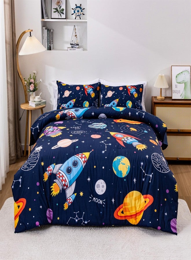 Aimuan Space Comforter Twin Set Kids Rocket Bedding Set Super Soft & Cute Aliens UFO Printed for Boys Girls Teen (Navy, Twin 5Pcs) - Image 1