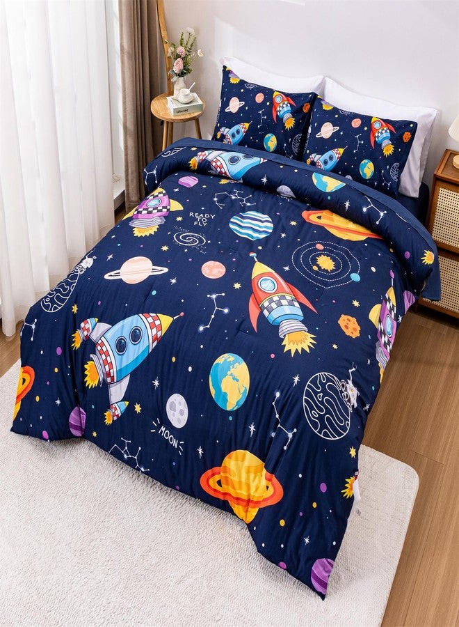 Aimuan Space Comforter Twin Set Kids Rocket Bedding Set Super Soft & Cute Aliens UFO Printed for Boys Girls Teen (Navy, Twin 5Pcs) - Image 2