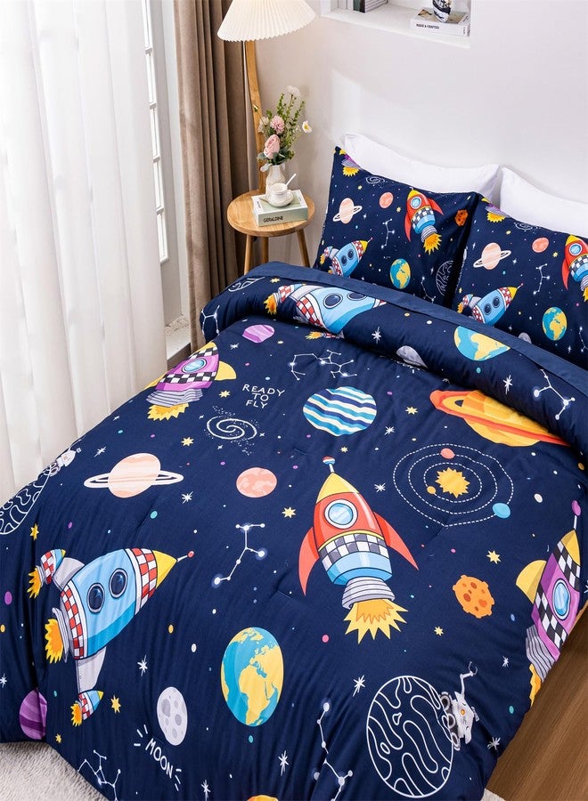 Aimuan Space Comforter Twin Set Kids Rocket Bedding Set Super Soft & Cute Aliens UFO Printed for Boys Girls Teen (Navy, Twin 5Pcs) - Image 5