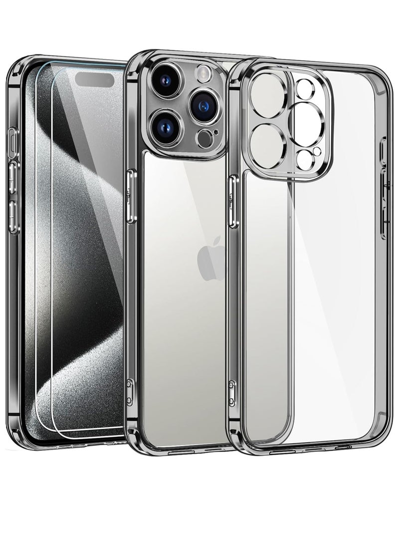 ELTRAZONE Clear Case Compatible with iPhone 15 Pro Max 6.7" [Long Lasting Clarity] [Military Grade Drop Protection], 1 Phone Case + 2 Tempered Glass Screen Protector, Shockproof Slim Cover -Shadowy Black - Image 1