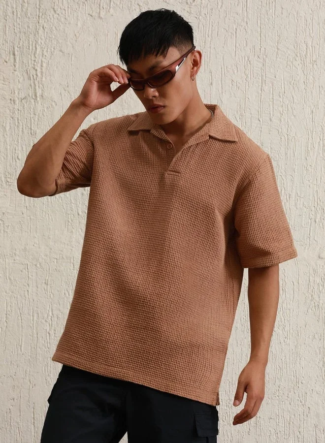 Men's Brown 100% Cotton Solid Pattern Polo Oversized T-Shirt