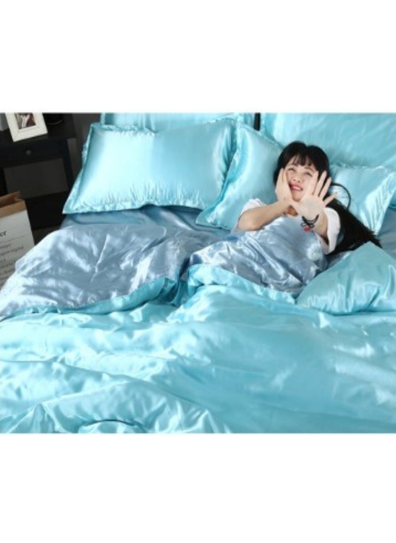 AL RAID King Size Light Blue Pure Silk Bed Sheet Set 4 Pieces Soft and Breathable Luxury Bed Sheet Set Includes 1 Quilt Cover 1 Bed Sheet and 2 Pillow Cases Solid Color 230x250 cm  - Image 3