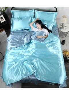AL RAID King Size Light Blue Pure Silk Bed Sheet Set 4 Pieces Soft and Breathable Luxury Bed Sheet Set Includes 1 Quilt Cover 1 Bed Sheet and 2 Pillow Cases Solid Color 230x250 cm  - Image 2