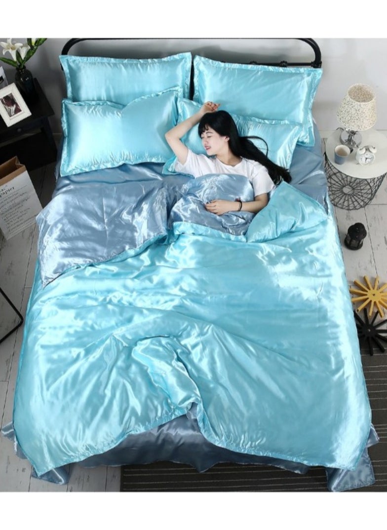 AL RAID King Size Light Blue Pure Silk Bed Sheet Set 4 Pieces Soft and Breathable Luxury Bed Sheet Set Includes 1 Quilt Cover 1 Bed Sheet and 2 Pillow Cases Solid Color 230x250 cm  - Image 2