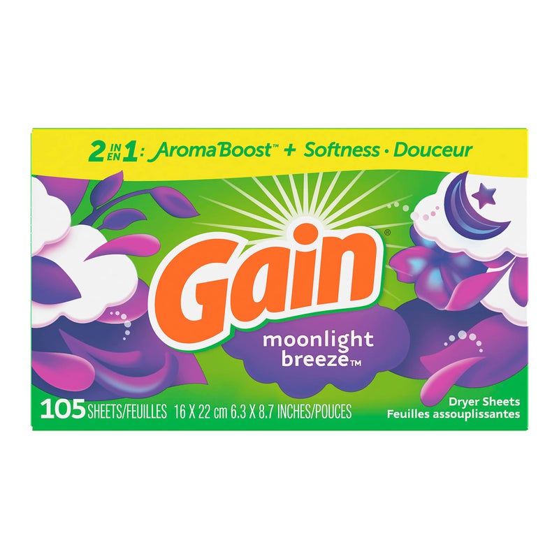 Gain dryer sheets 105 Count Moonlight Breeze Scent Laundry Fabric Softener Sheets with 2in1 Aromaboost Plus Softness