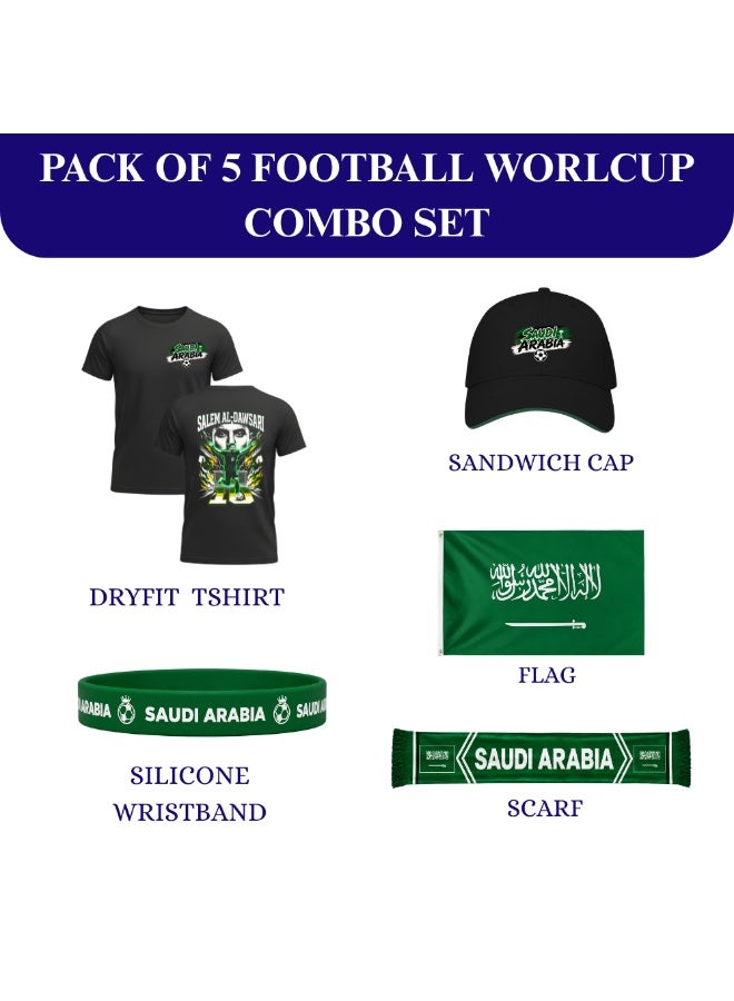 PRINTSHOP4ME Saudi Arabia Football Sports Combo Set | Pack of 5 | Dry-Fit T-Shirt, Cap, Scarf, Flag & Silicone Wristband | Adult Unisex Soccer Match Outdoor Wear - Image 2