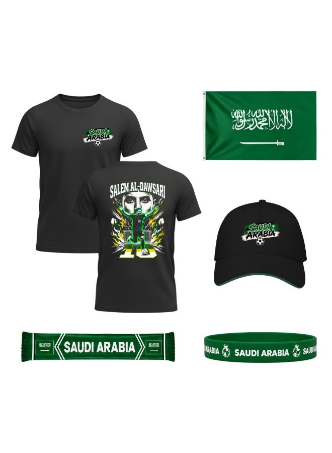 PRINTSHOP4ME Saudi Arabia Football Sports Combo Set | Pack of 5 | Dry-Fit T-Shirt, Cap, Scarf, Flag & Silicone Wristband | Adult Unisex Soccer Match Outdoor Wear - Image 1