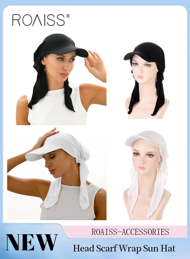 2 Pcs Brim Head Scarf Wrap Sun Visor Hat Women Bonnet Muslim Turban Baseball Cap Curved Hat Hair Loss Headwear Black and White