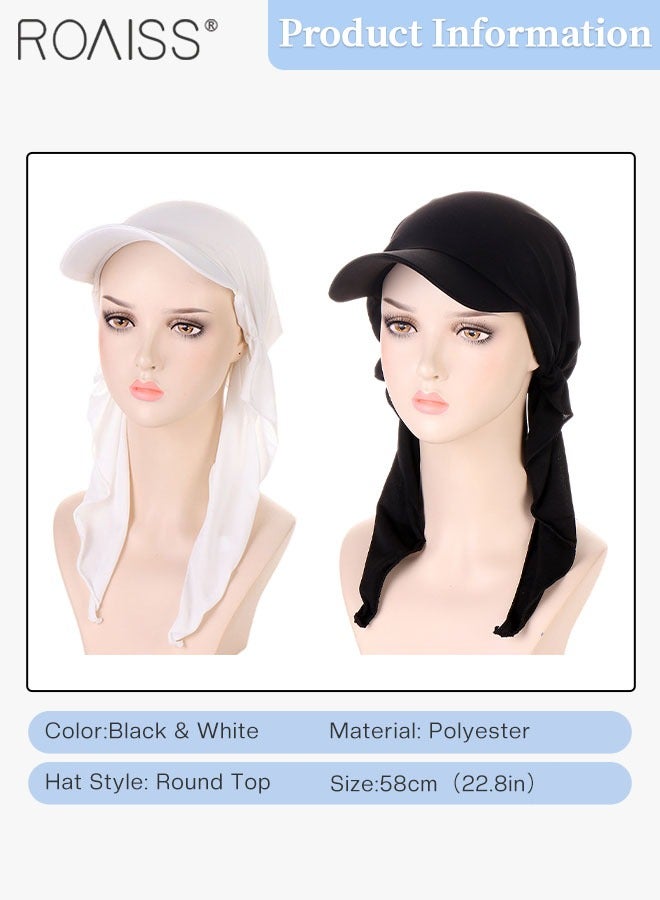 roaiss 2 Pcs Brim Head Scarf Wrap Sun Visor Hat Women Bonnet Muslim Turban Baseball Cap Curved Hat Hair Loss Headwear Black and White - Image 3